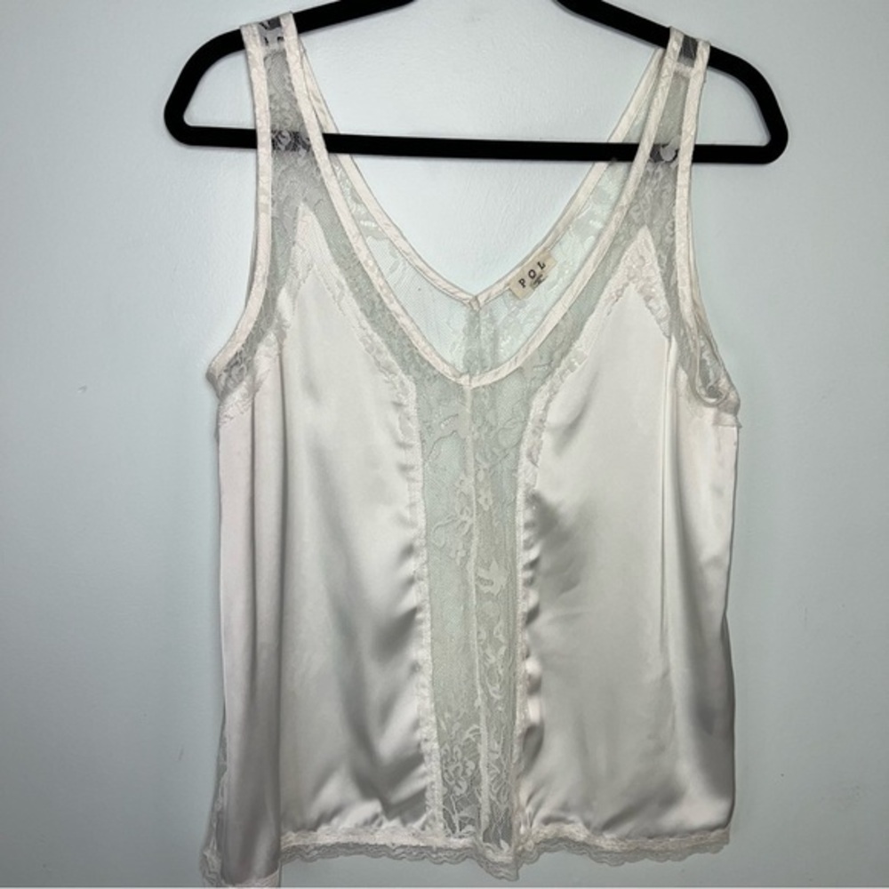 POL White Lace Satin Camisole Tank Top Size Small Romantic Sheer Y2K Layering